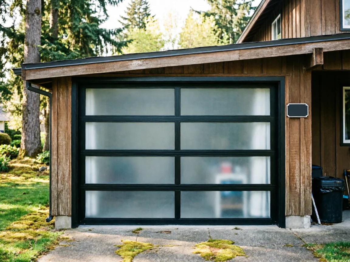 A modern black garage door with frosted glass panels on a wooden house.