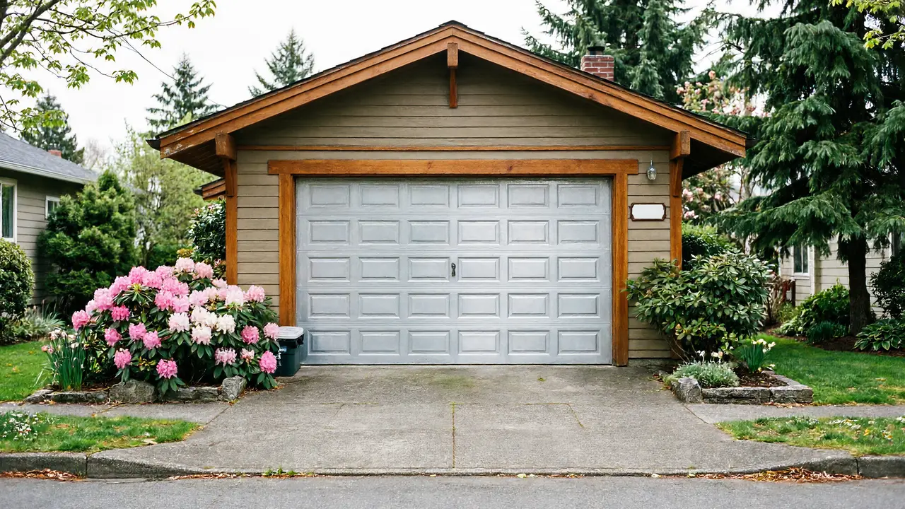 Installer fitting new gray garage door panels on a brick home, parts laid out on the driveway