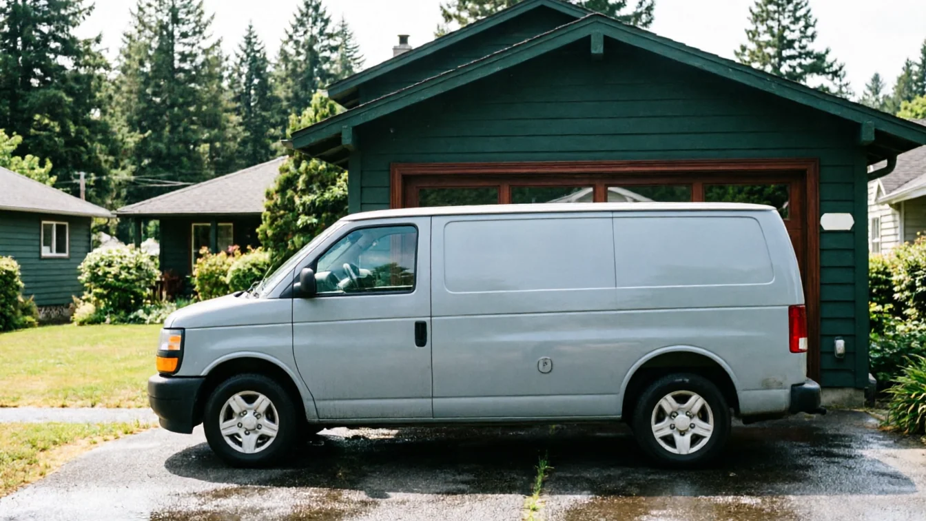 A gray service van is parked in a driveway in front of a dark green garage.