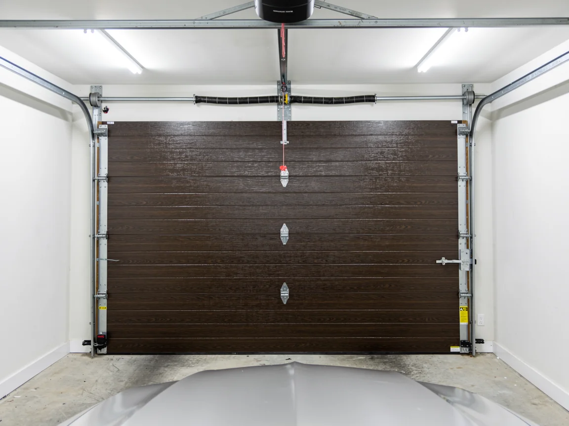 A closed brown garage door with a torsion spring and opener.