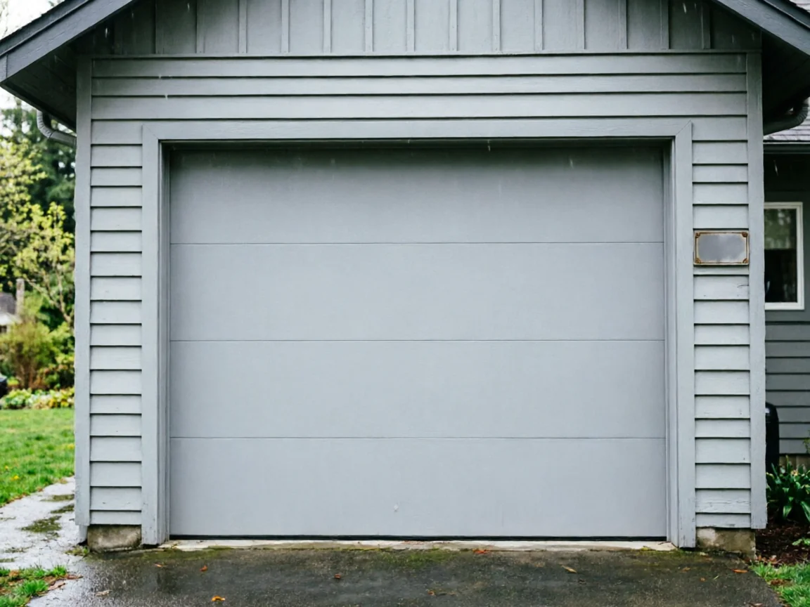 A gray garage door is on a gray house with green grass and trees.