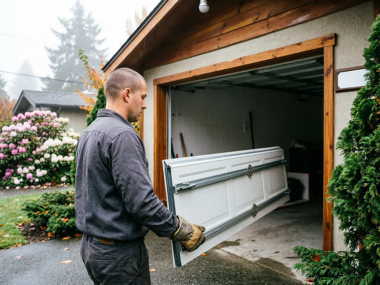 A technician carries a white garage door panel toward an open garage.